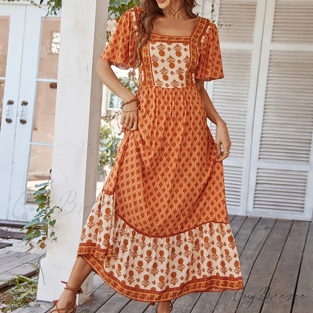 Bohemian Floral Print Ruffle Short Sleeve Women Boho Dress
