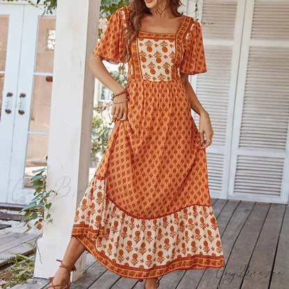 Bohemian Floral Print Ruffle Short Sleeve Women Boho Dress