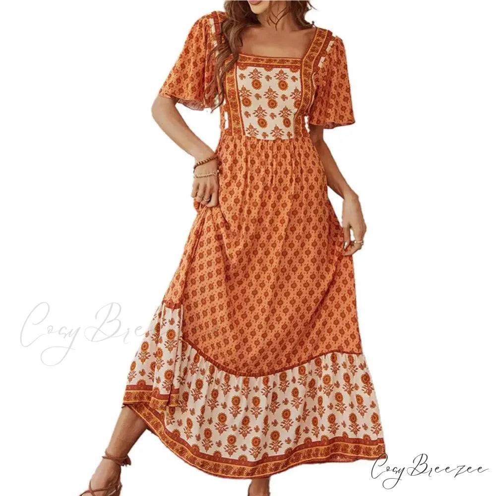 Bohemian Floral Print Ruffle Short Sleeve Women Boho Dress Dark Orange / S