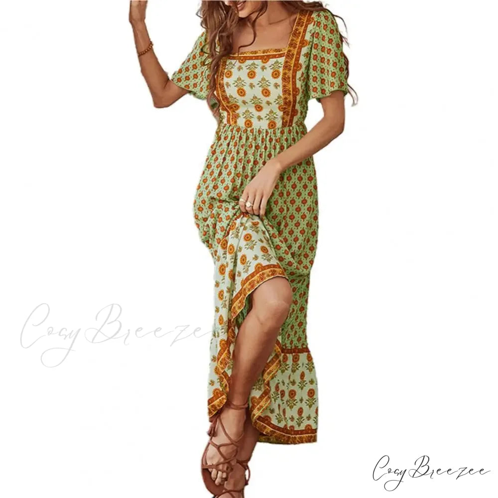 Bohemian Floral Print Ruffle Short Sleeve Women Boho Dress Green / S