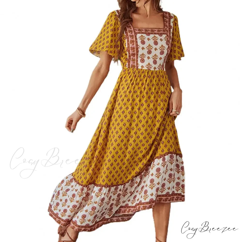 Bohemian Floral Print Ruffle Short Sleeve Women Boho Dress Yellow / S