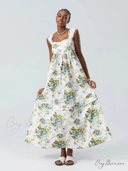 Bohemian Floral Tank Back Tied Square Neck Ruffle Flowy Dress floraldress-250126