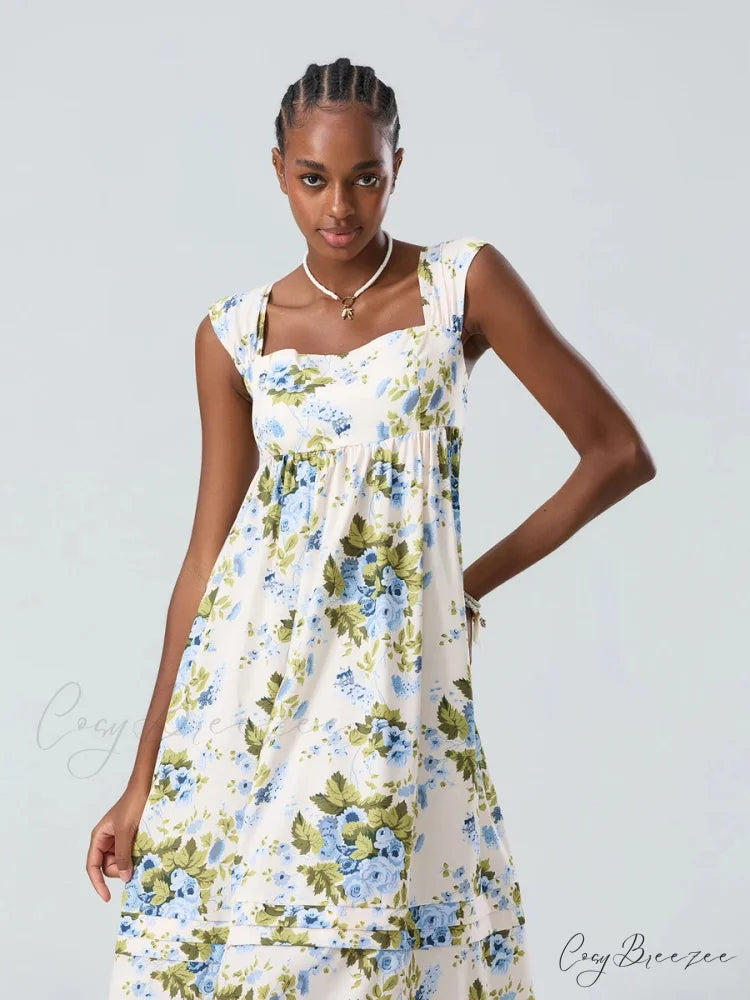 Bohemian Floral Tank Back Tied Square Neck Ruffle Flowy Dress floraldress-250126