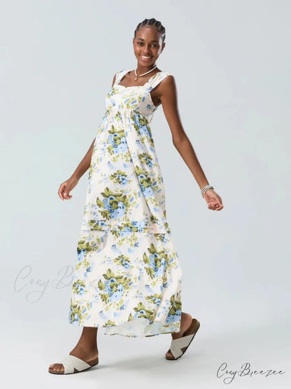 Bohemian Floral Tank Back Tied Square Neck Ruffle Flowy Dress floraldress-250126