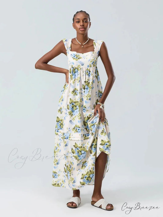 Bohemian Floral Tank Back Tied Square Neck Ruffle Flowy Dress Green / S floraldress-250126