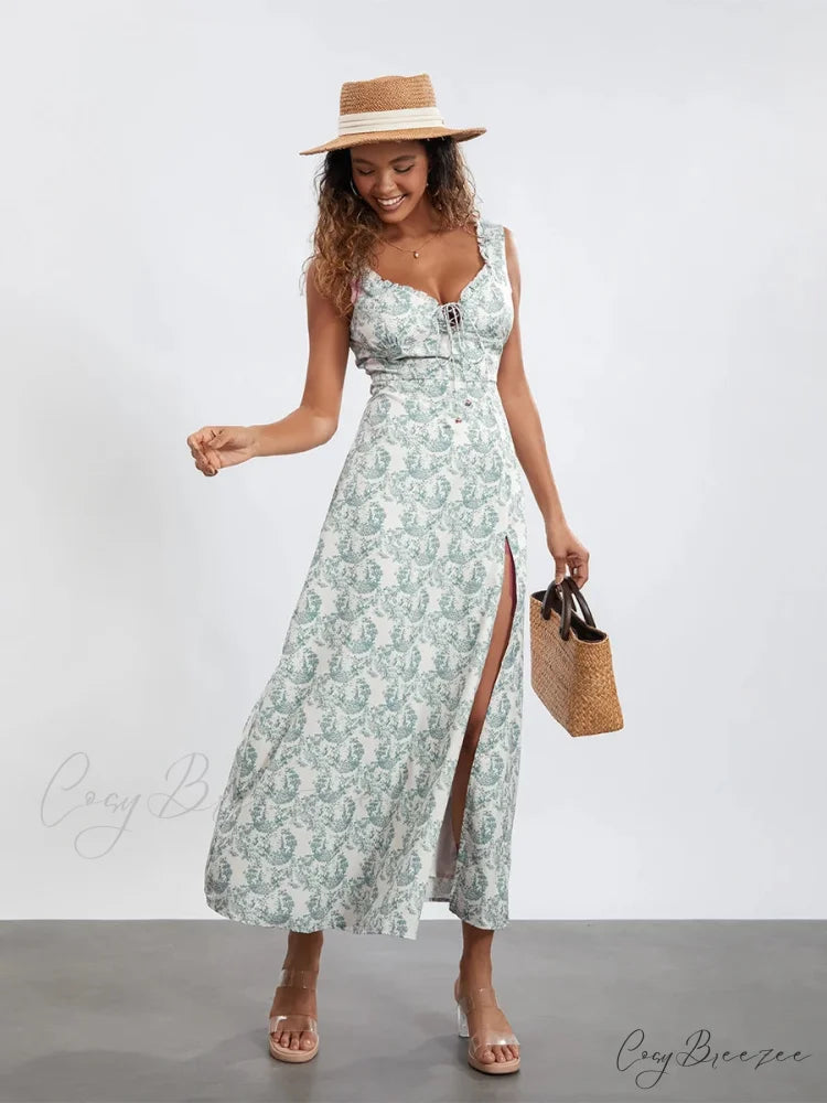 Bohemian Floral Tank Sleeveless Ruffled Tie-up Sweetheart Dress Blue / S floraldress-250126