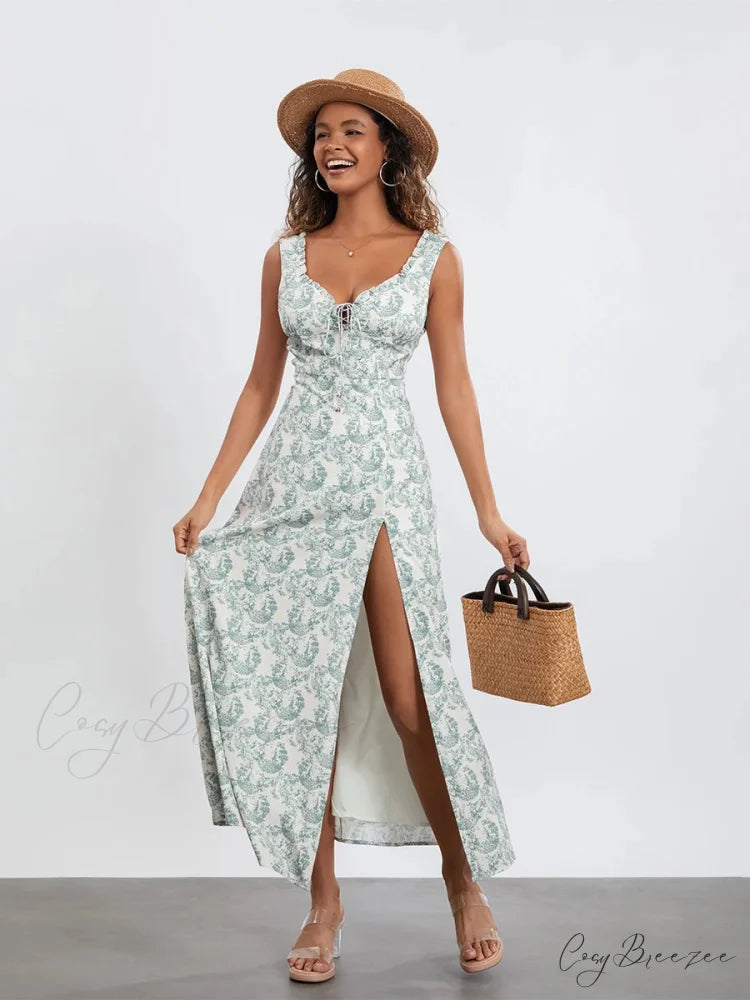 Bohemian Floral Tank Sleeveless Ruffled Tie-up Sweetheart Dress floraldress-250126