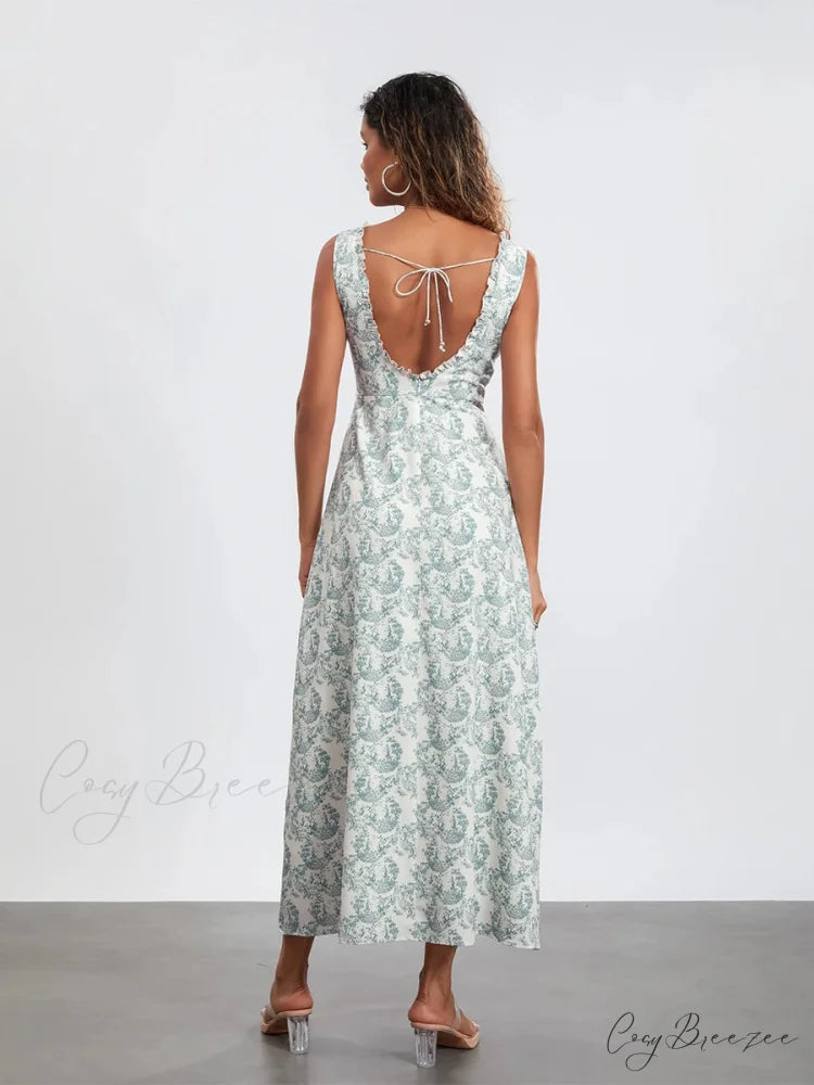Bohemian Floral Tank Sleeveless Ruffled Tie-up Sweetheart Dress floraldress-250126