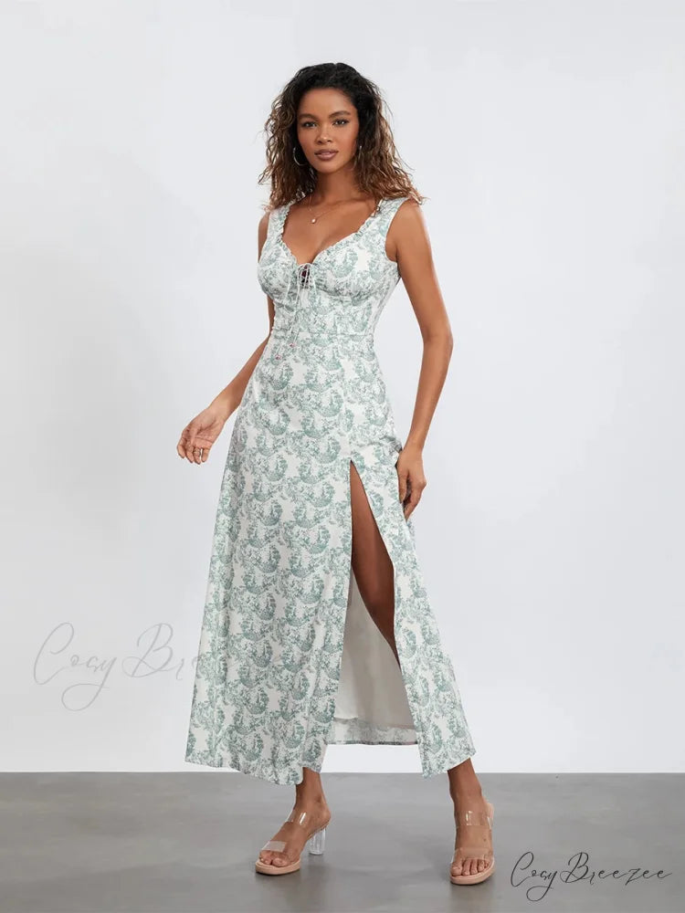 Bohemian Floral Tank Sleeveless Ruffled Tie-up Sweetheart Dress floraldress-250126