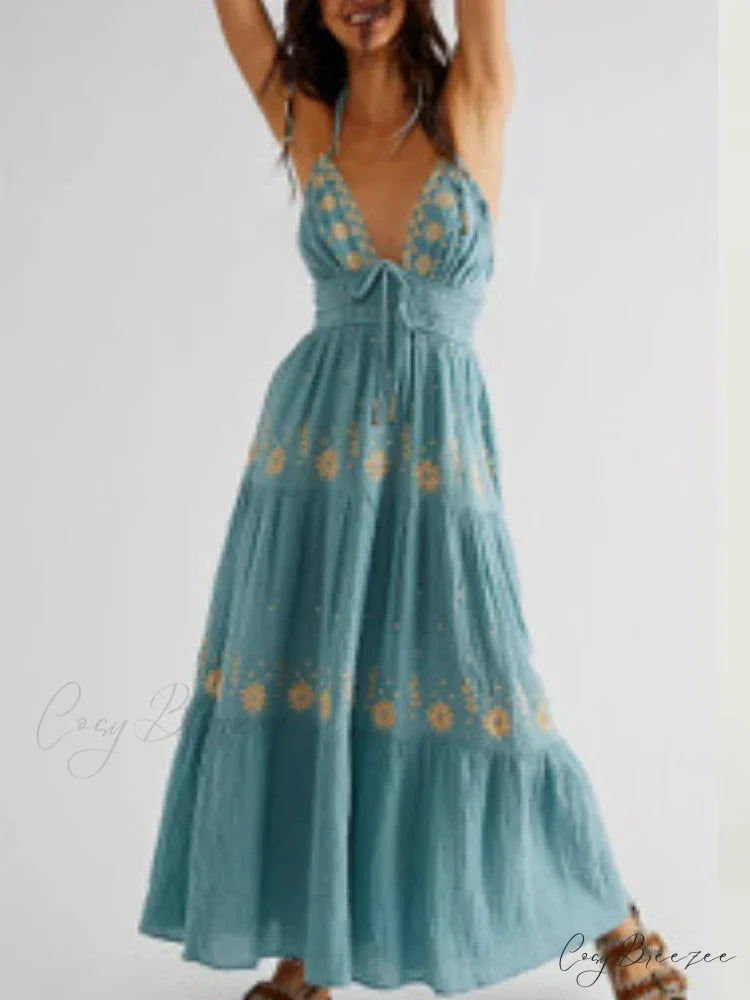 Bohemian Flower Birthday Beach Holiday Boho Dress Blue / S