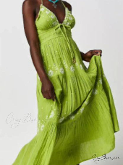 Bohemian Flower Birthday Beach Holiday Boho Dress Green / S