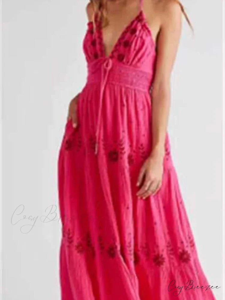Bohemian Flower Birthday Beach Holiday Boho Dress Red / S