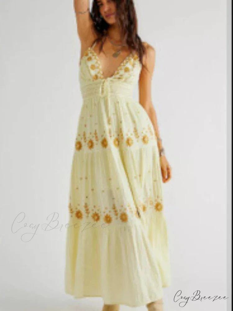 Bohemian Flower Birthday Beach Holiday Boho Dress Yellow / S