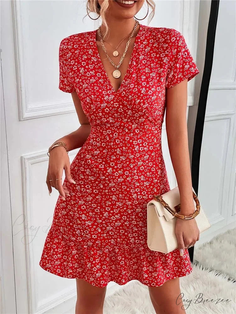 Bohemian Flower Summer Short Women Boho Dress Red / S