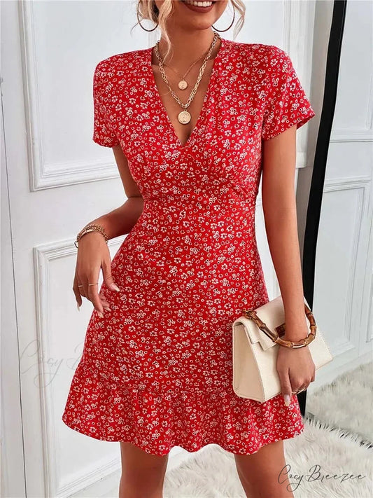 Bohemian Flower Summer Short Women Boho Dress Red / S
