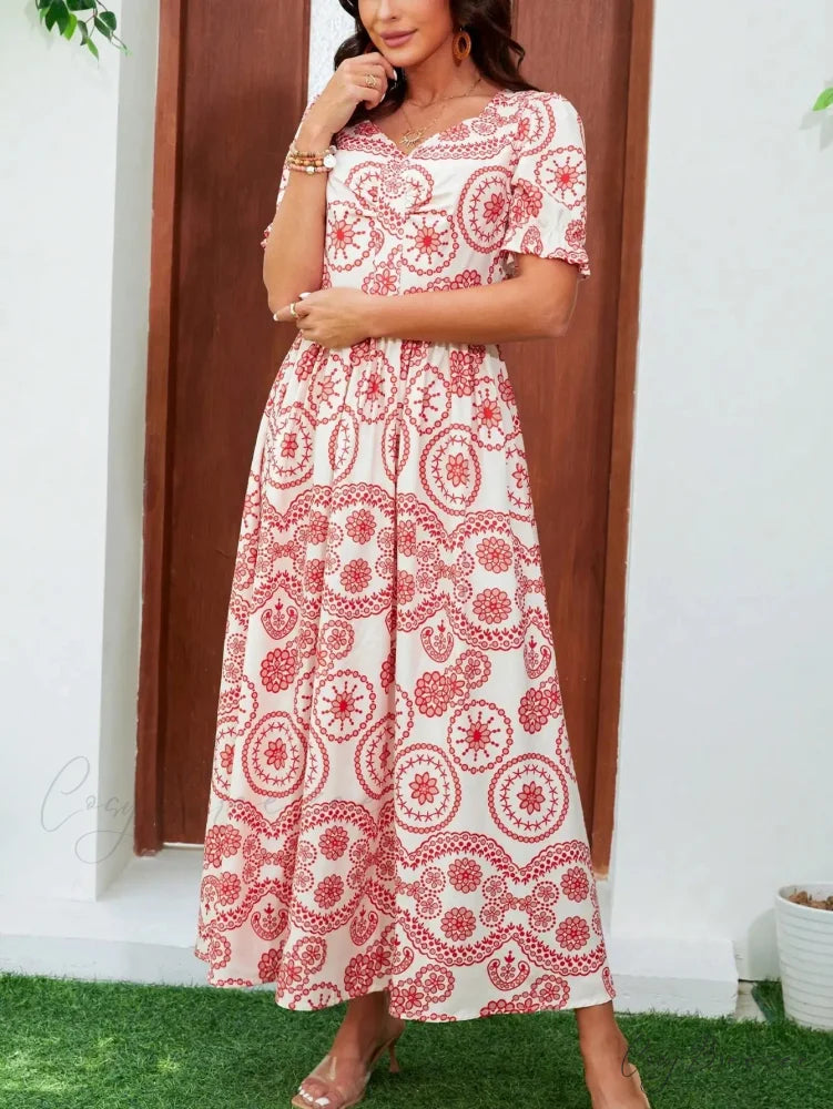 Bohemian High Waist Square Neck Floral Dress oldfloraldress-250126