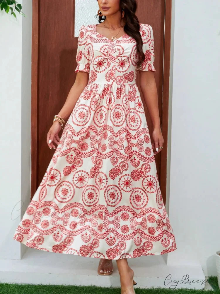 Bohemian High Waist Square Neck Floral Dress oldfloraldress-250126
