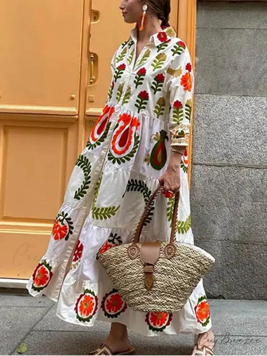 Bohemian Loose Stylish Print Dress White / S