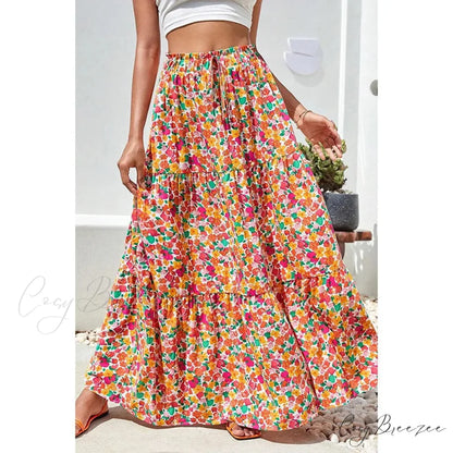 Bohemian Maxi Skirts High Waist Colorful Printed Loose A-line orange / S skirt-250126