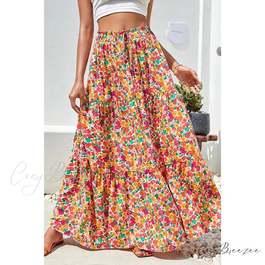 Bohemian Maxi Skirts High Waist Colorful Printed Loose A-line orange / S skirt-250126