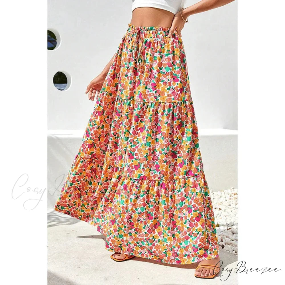 Bohemian Maxi Skirts High Waist Colorful Printed Loose A-line skirt-250126