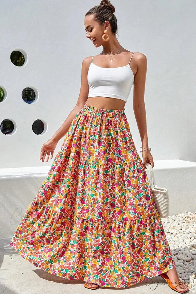 Bohemian Maxi Skirts High Waist Colorful Printed Loose A-line skirt-250126