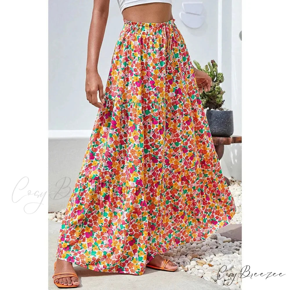 Bohemian Maxi Skirts High Waist Colorful Printed Loose A-line skirt-250126