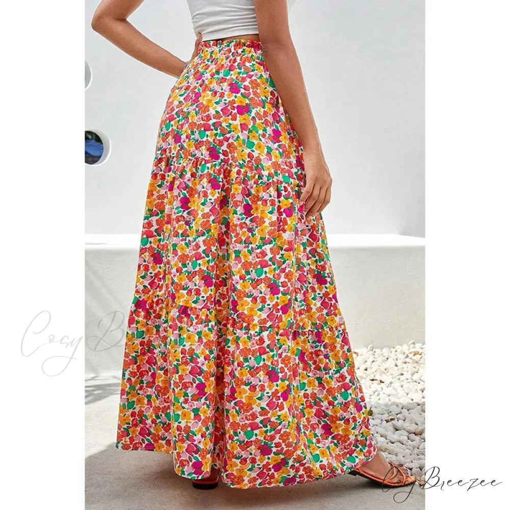 Bohemian Maxi Skirts High Waist Colorful Printed Loose A-line skirt-250126