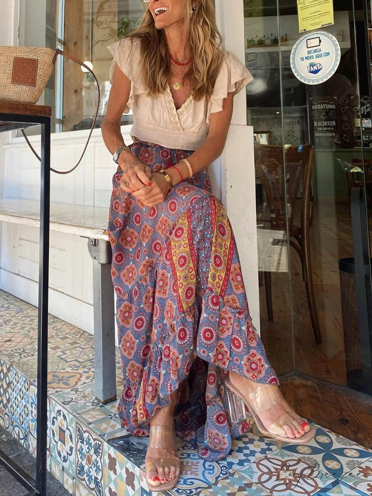 Bohemian Print Elastic Charming Waist Tassel Maxi Skirt