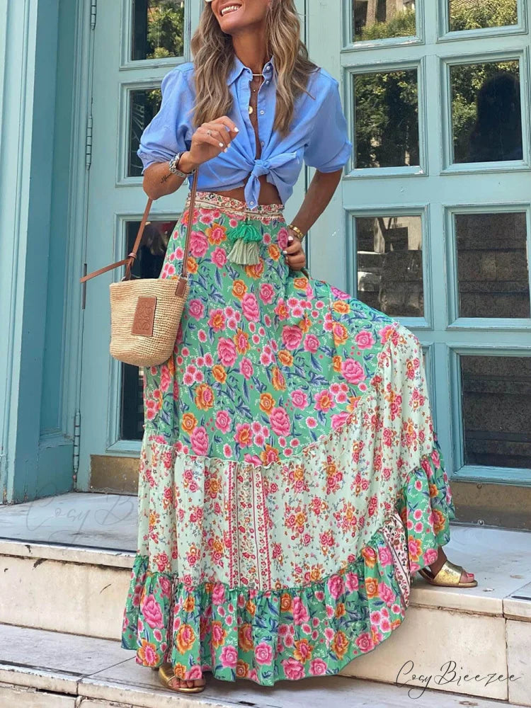 Bohemian Print Elastic Charming Waist Tassel Maxi Skirt