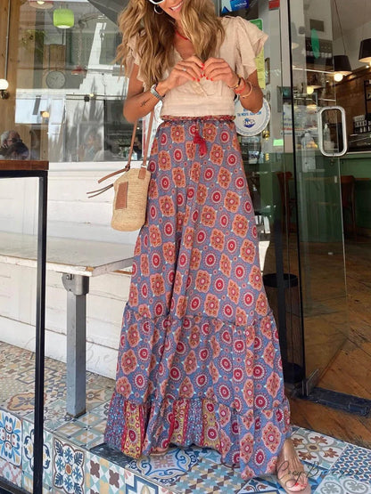 Bohemian Print Elastic Charming Waist Tassel Maxi Skirt Brown / S