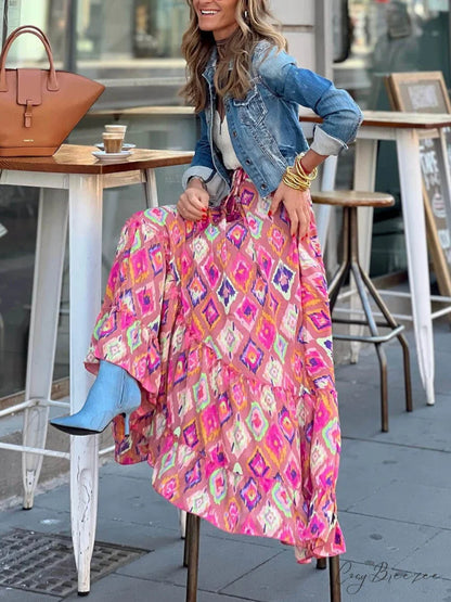 Bohemian Print Elastic Charming Waist Tassel Maxi Skirt Pink / S