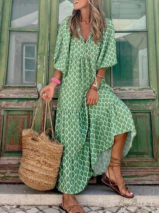 Bohemian Printed Stylish Maxi Dress Light Green / S
