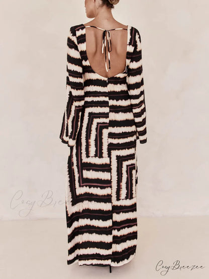 Bohemian Style Unique Printed Graceful V Tie Ring Maxi Dress