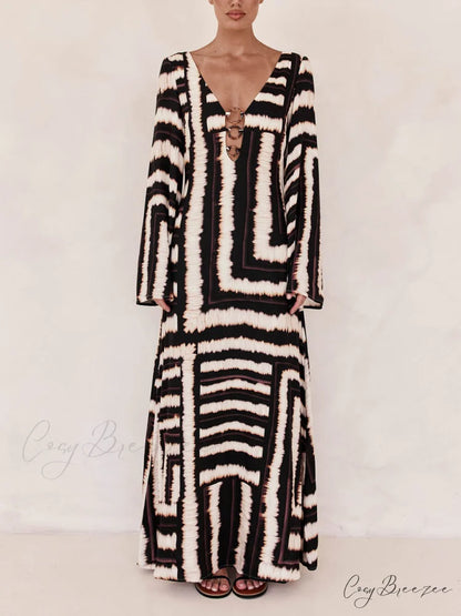 Bohemian Style Unique Printed Graceful V Tie Ring Maxi Dress