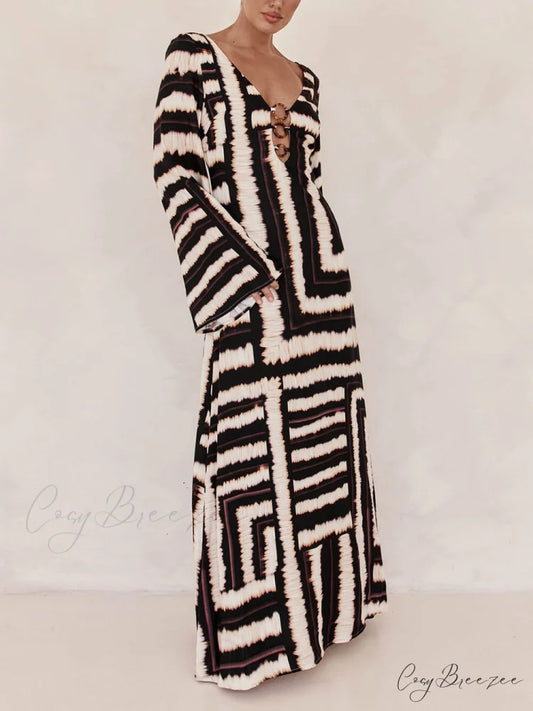 Bohemian Style Unique Printed Graceful V Tie Ring Maxi Dress Black / S