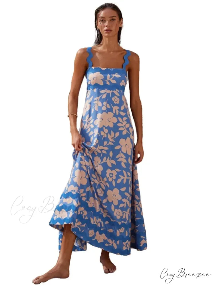 Bohemian Summer Printed A-Line Sexy Backless Spaghetti Strap Boho Dress