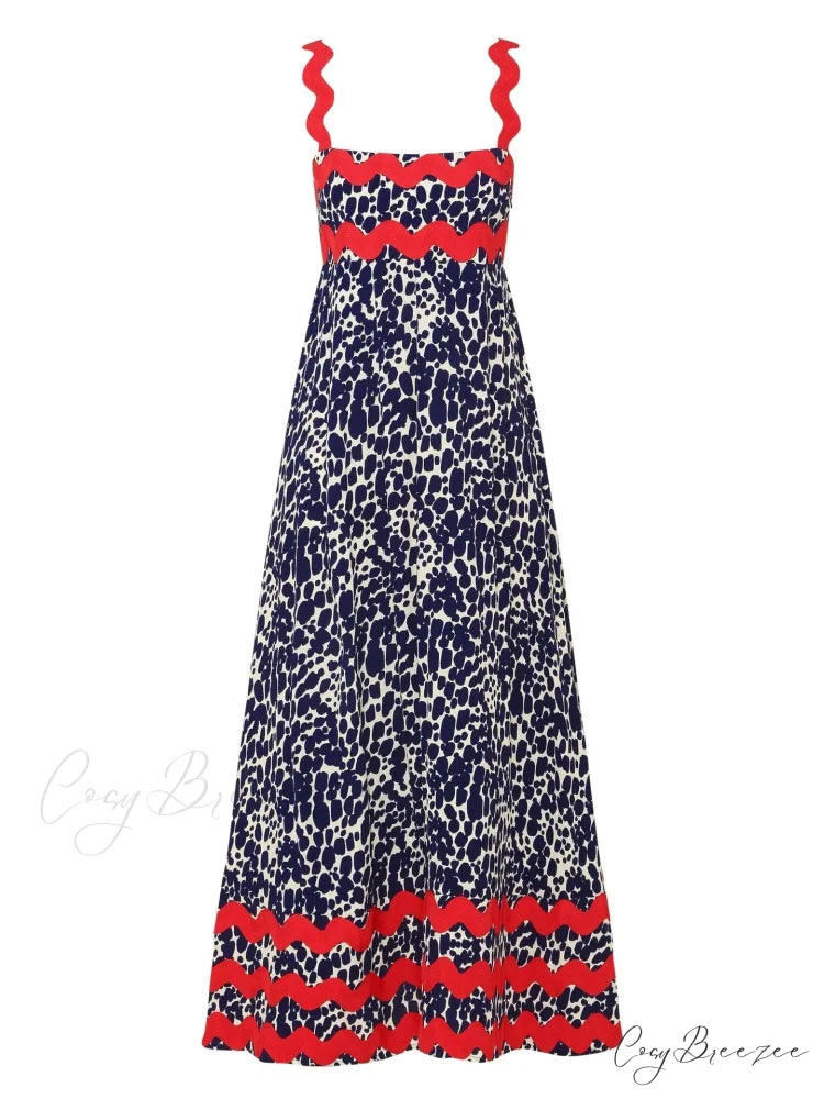 Bohemian Summer Printed A-Line Sexy Backless Spaghetti Strap Boho Dress Dark blue / S