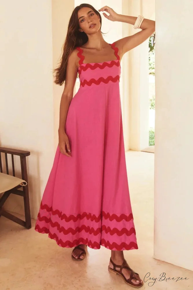 Bohemian Summer Printed A-Line Sexy Backless Spaghetti Strap Boho Dress Rose red / S