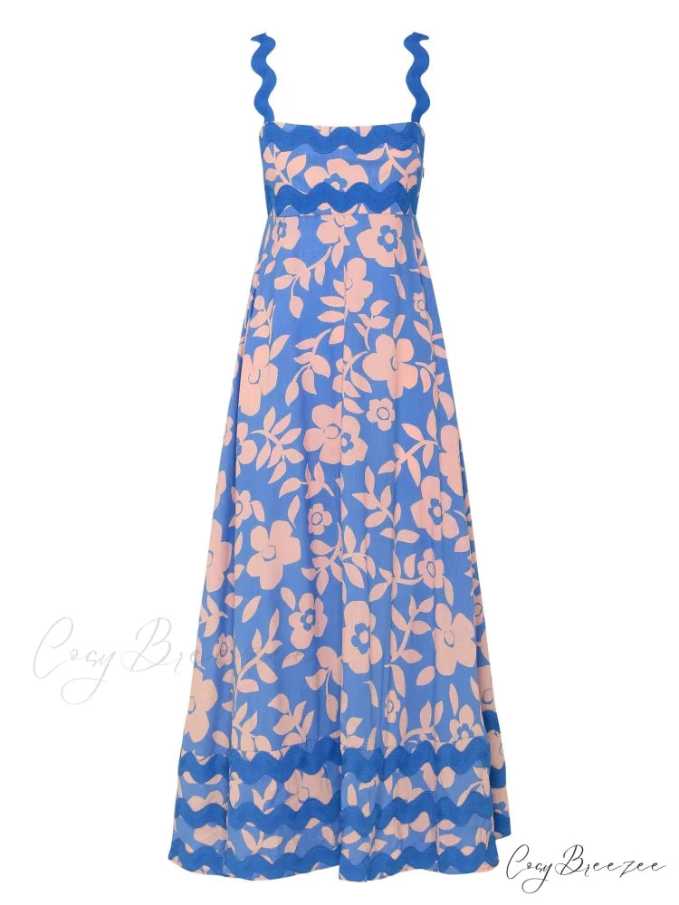 Bohemian Summer Printed A-Line Sexy Backless Spaghetti Strap Boho Dress Sky blue / S