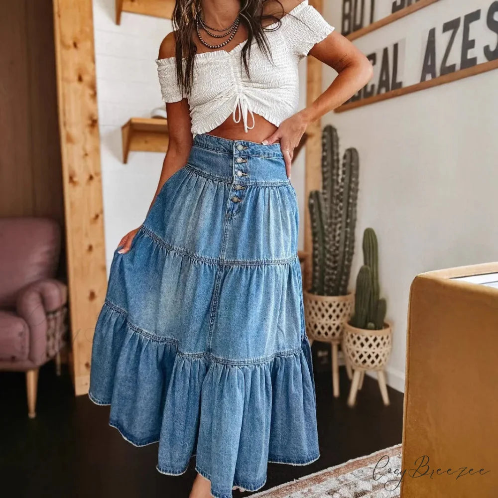 Bohemian Tiered Denim Maxi Skirt skirts-250223