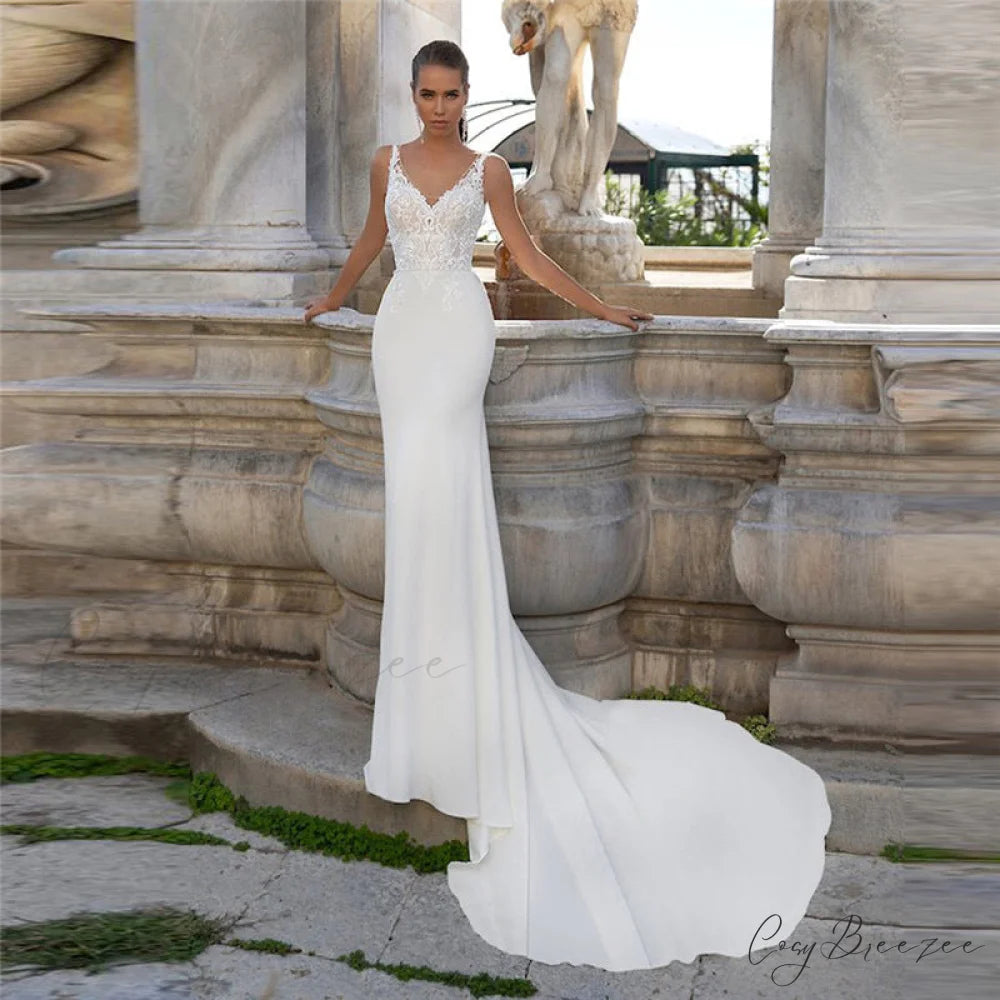 Bohemian V-Neck Lace Wedding Dress lvory white / 2 weddingdress-250223