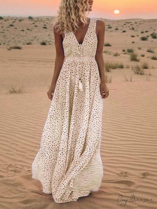 Bohemian V-Neck Sleeveless Charming Polka-Dot Maxi Skirt Beige / S