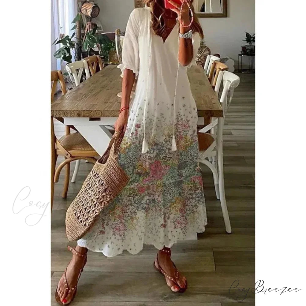 Bohemian Vintage Floral V-neck Summer Beach Dress army green / S oldfloraldress-250126
