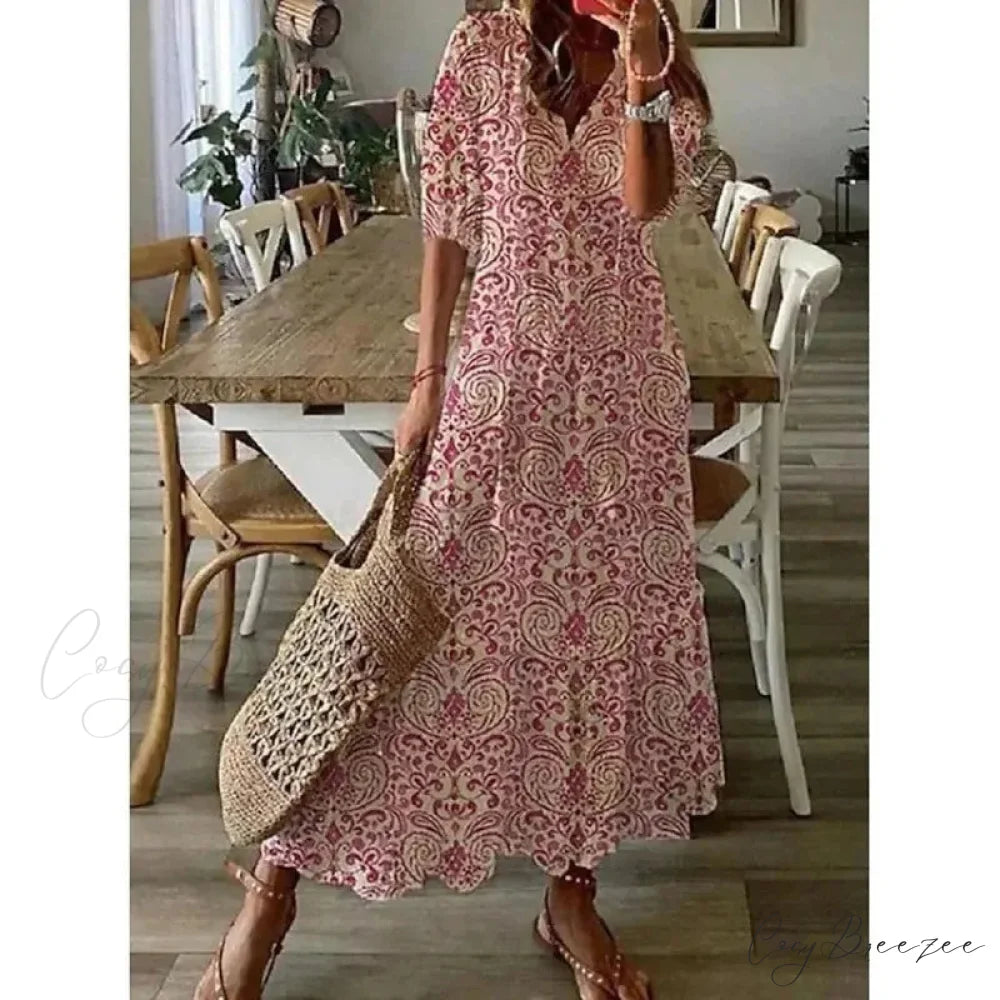 Bohemian Vintage Floral V-neck Summer Beach Dress Black / S oldfloraldress-250126