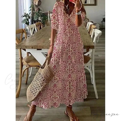 Bohemian Vintage Floral V-neck Summer Beach Dress Black / S oldfloraldress-250126