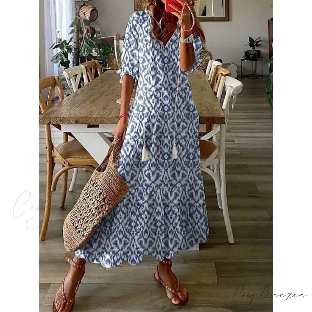 Bohemian Vintage Floral V-neck Summer Beach Dress Blue / S oldfloraldress-250126