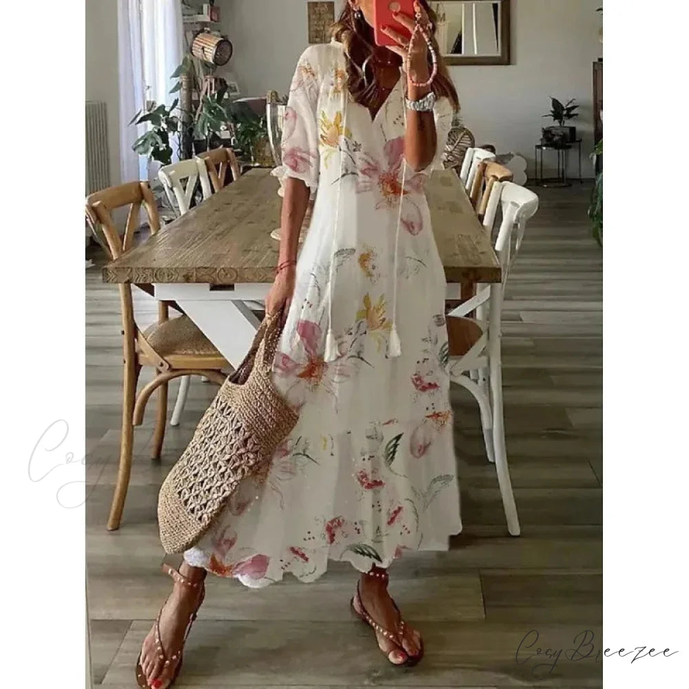 Bohemian Vintage Floral V-neck Summer Beach Dress Dark Grey / S oldfloraldress-250126