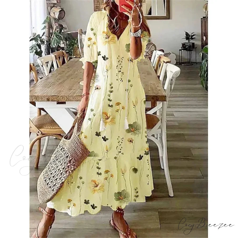 Bohemian Vintage Floral V-neck Summer Beach Dress Gold / S oldfloraldress-250126