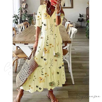 Bohemian Vintage Floral V-neck Summer Beach Dress Gold / S oldfloraldress-250126